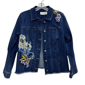 Chico’s Floral Appliqué Denim Jacket Size 2 Large